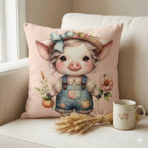 Süßes Farmcore-Schwein in Overall mit Blumen Kissen