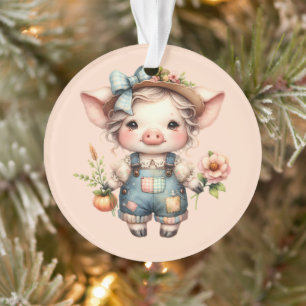 Süßes Farmcore-Schwein in Overall mit Blumen Ornament