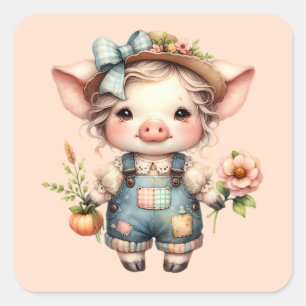 Süßes Farmcore-Schwein in Overall mit Blumen Quadratischer Aufkleber