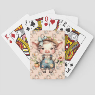 Süßes Farmcore-Schwein in Overall mit Blumen Spielkarten