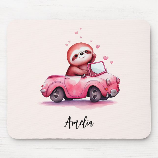 Süßes Faultier fährt Cabrio in Rosa Mousepad (Vorne)