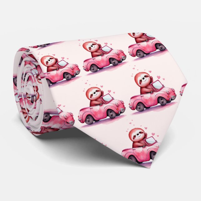 Süßes Faultier fährt Cabrio in Rosa Muster Krawatte (Gerollt)