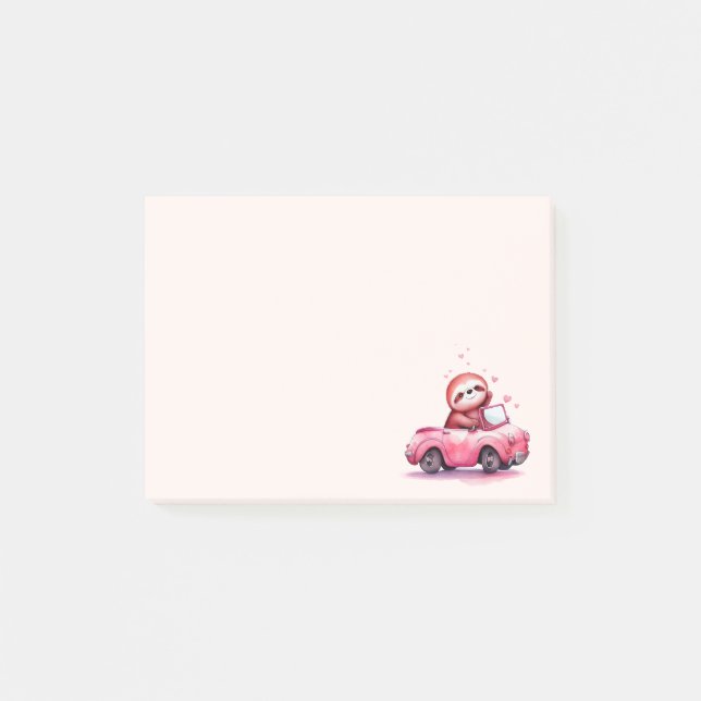Süßes Faultier fährt Cabrio in Rosa Post-it Klebezettel (Vorderseite)