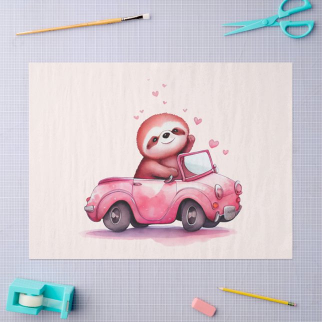 Süßes Faultier fährt Cabrio in Rosa Seidenpapier (Basteln)