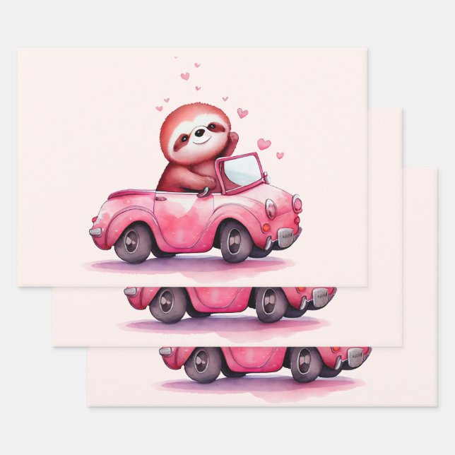 Süßes Faultier fährt ein rosa Cabrio Geschenkpapier Set (Set)