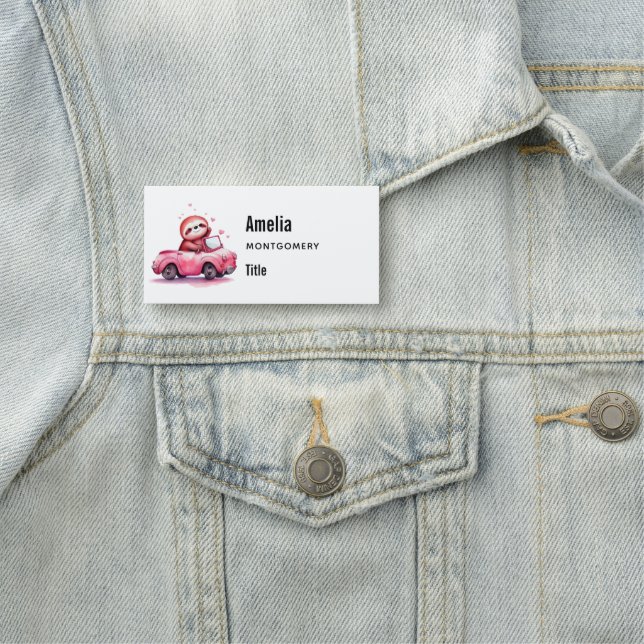 Süßes Faultier fährt ein rosa Cabrio Namensschild (Beispiel)