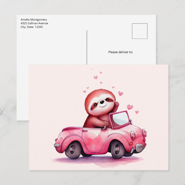 Süßes Faultier fährt ein rosa Cabrio Postkarte (Vorne/Hinten)