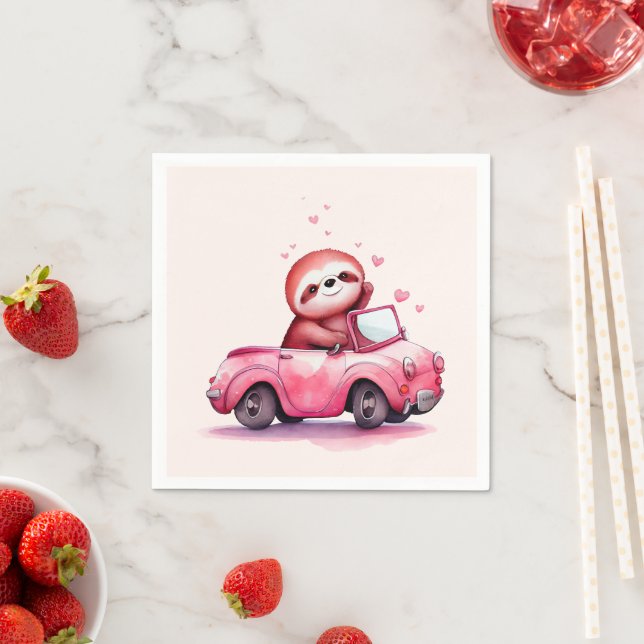 Süßes Faultier fährt ein rosa Cabrio Serviette (Beispiel)