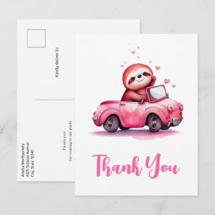 Süßes Faultier in einem rosa Cabrio Danke Postkarte