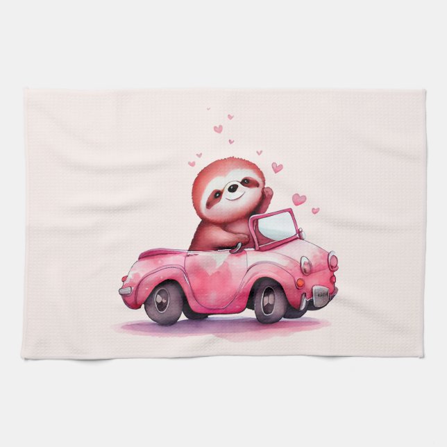 Süßes Faultier in einem rosa Cabrio Geschirrtuch (Horizontal)