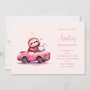 Süßes Faultier in einem rosa Cabrio zum Geburtstag Einladung