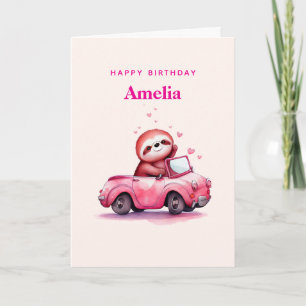 Süßes Faultier in einem rosa Cabrio zum Geburtstag Karte