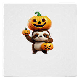 Süßes Faultier mit Kürbis Halloween Cartoon Vektor Poster