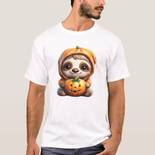 Süßes Faultier mit Kürbis Halloween Cartoon Vektor T-Shirt