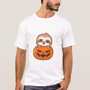 Süßes Faultier mit Kürbis Halloween Cartoon Vektor T-Shirt