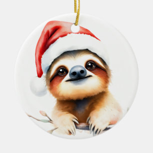 Süßes Faultier mit Weihnachtsmannmütze Keramik Ornament