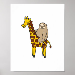 Süßes Faultier Reitet Auf Giraffe Liebt Giraffen u Poster