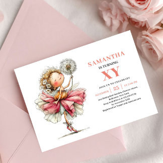 Süßes Feen-Mädchen 4. Geburtstag Rosa Blumen-Einla Einladung