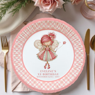 Süßes Feen-Mädchen 5. Geburtstag rosa Blumen Papie Pappteller