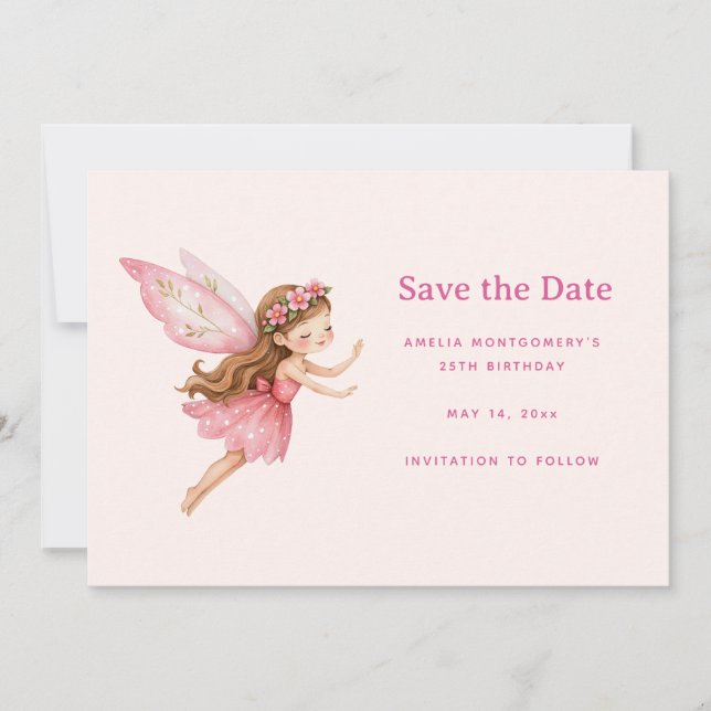 Süßes Feenmädchen im rosa Kleid Save The Date (Vorderseite)
