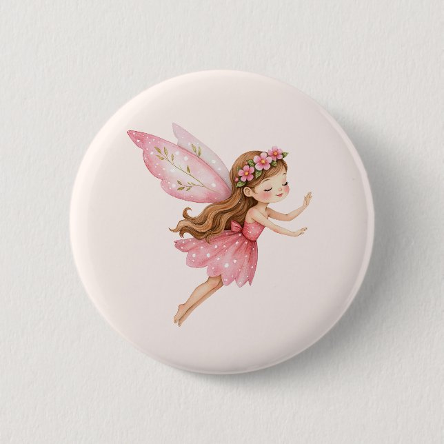 Süßes Feenmädchen in einem rosa Kleid, verspieltes Button (Vorderseite)