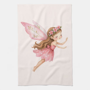Süßes Feenmädchen in einem rosa Kleid, verspieltes Geschirrtuch