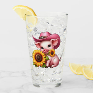 Süßes Ferkel in rosa Cowboyhut mit Sonnenblumen Glas