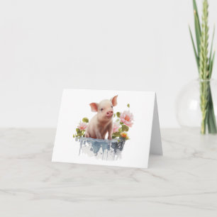 Süßes Ferkel mit Wasser und Blumen Karte