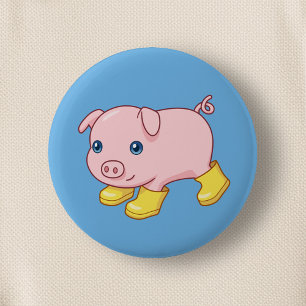 Süßes Ferkel-Schwein in gelben Gummistiefeln Blau Button