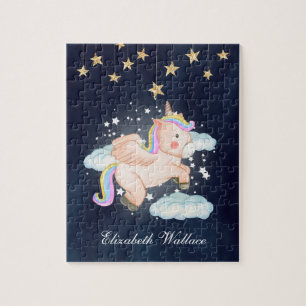 Süßes fliegendes Einhorn Nachthimmel Navy Blau Nam Puzzle