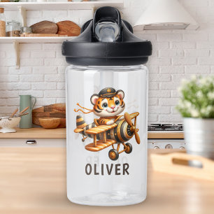 Süßes fliegendes Tigerkind in einem Flugzeug Trinkflasche