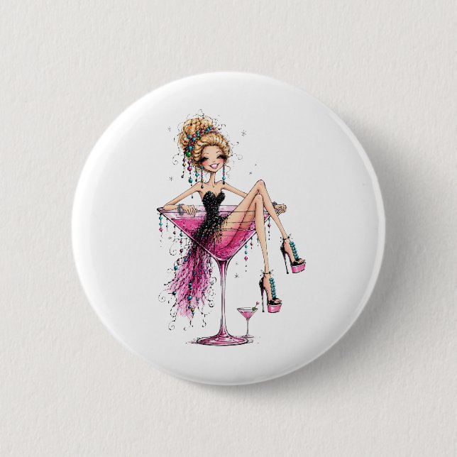 Süßes, Flirtendes Mädchen in einem Martini-Glas Button (Vorderseite)