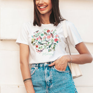 Süßes florales Vogel Botanisches Muster T-Shirt