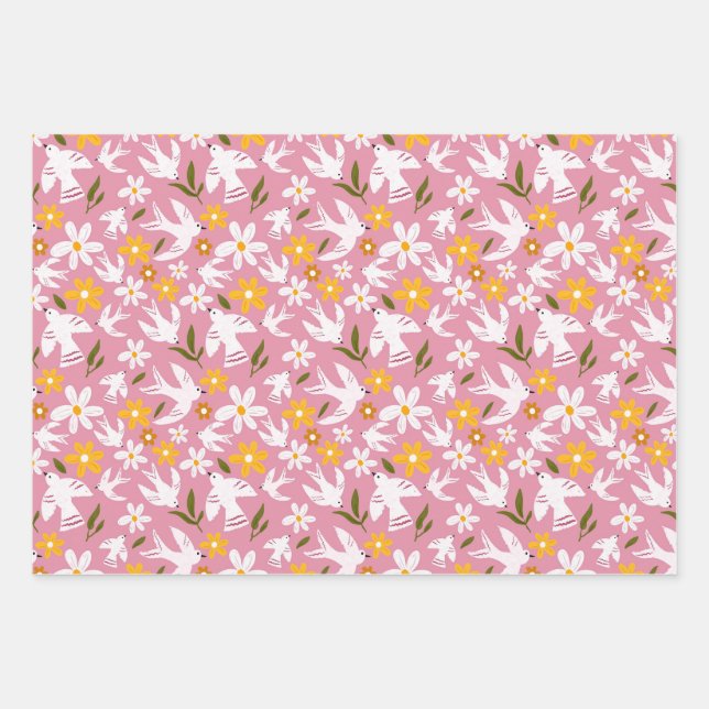 Süßes florales Vogel-Nahtlosmuster Geschenkpapier Set (Vorderseite)
