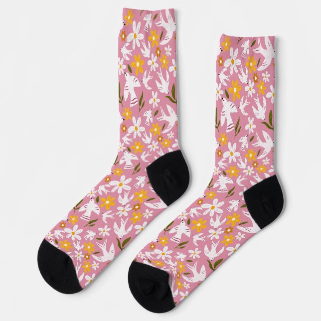 Süßes florales Vogel-Nahtlosmuster Socken (Linkes Detail)