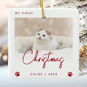 Süßes Foto Kätzchen 1. Weihnachten Pfotenabdrücke Keramikornament