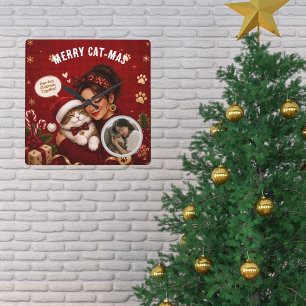 Süßes Frohes Kat-zen-Weihnachten Karmesinrotes Wei Quadratische Wanduhr