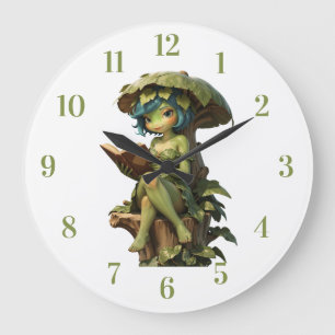 Süßes Froschmädchen liest Buch unter einem Blatt Große Wanduhr