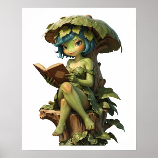 Süßes Froschmädchen liest Buch unter einem Blatt Poster