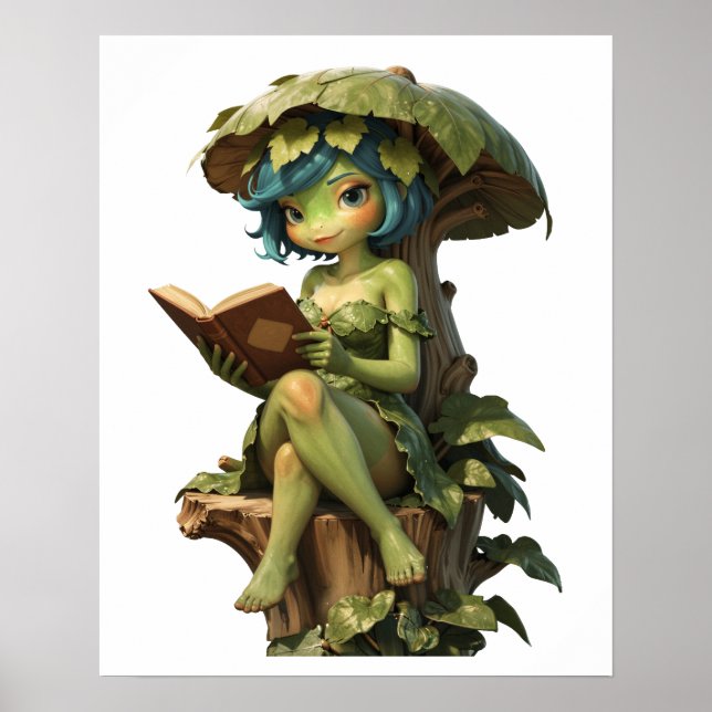 Süßes Froschmädchen liest Buch unter einem Blatt Poster (Vorne)