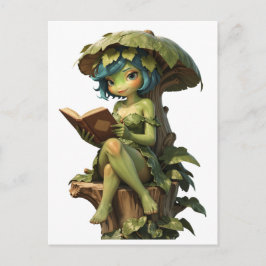 Süßes Froschmädchen liest Buch unter einem Blatt Postkarte