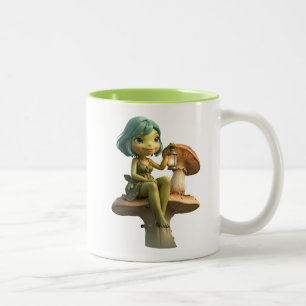 Süßes Froschmädchen mit Laterne auf Pilz Zweifarbige Tasse