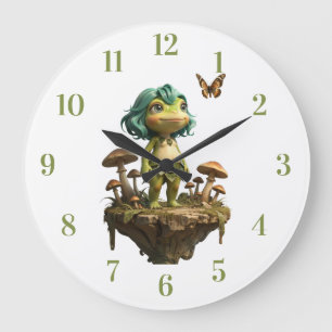 Süßes Froschmädchen unter Pilzen mit Schmetterling Große Wanduhr