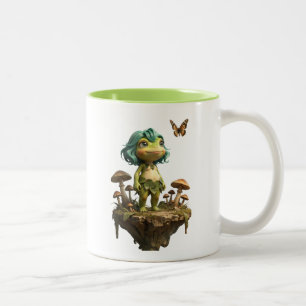 Süßes Froschmädchen unter Pilzen mit Schmetterling Zweifarbige Tasse