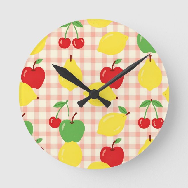 Süßes Frucht-Gingham-Muster Runde Wanduhr (Vorderseite)