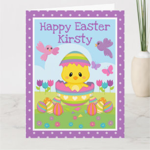 Süßes Frühlingsküken und Schokoladeneier Ostern Karte