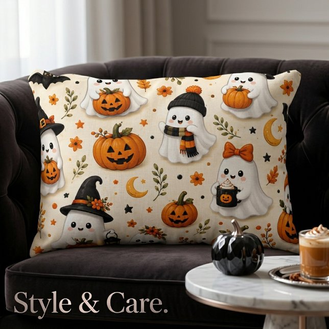 Süßes Geist- und Kürbis-Halloween-Muster Dekokissen (Cute Ghost & Pumpkin Halloween Pattern Accent Pillow)