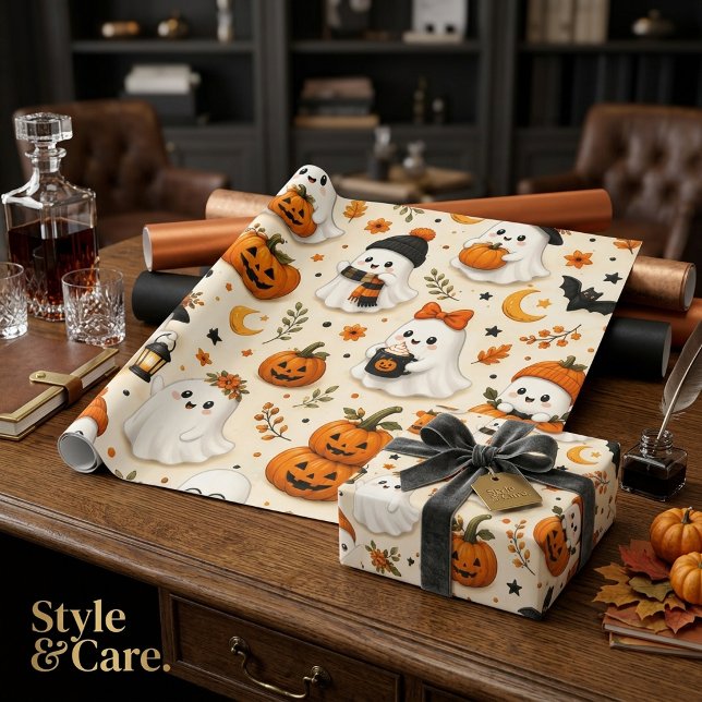 Süßes Geist- und Kürbis-Halloween-Muster Geschenkpapier (Cute Ghost & Pumpkin Halloween Pattern Wrapping Paper)