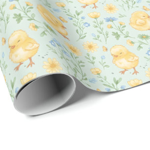 Süßes gelbes Küken und Blumenmuster Geschenkpapier