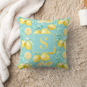 Süßes gelbes Zitronenmuster auf hellblauem Monogra Kissen